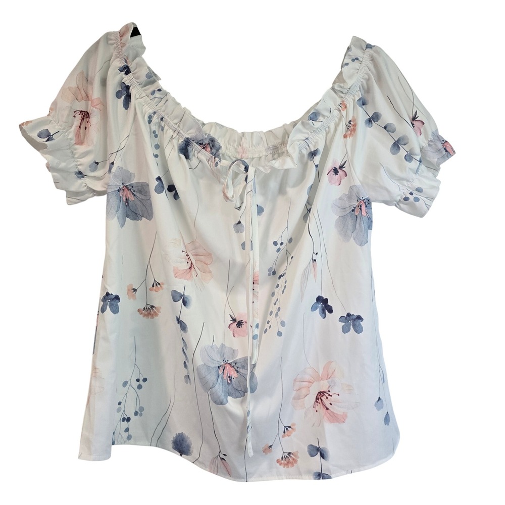 SHEIN Floral Off the Shoulder‎ Blouse White Blue Pink Puff Sleeve Top XL 29720